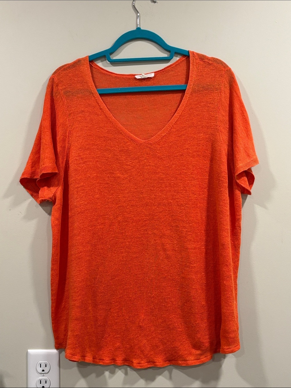 Eileen Fisher Woman Organic Linen V-Neck Short Sleeve Top in Orange